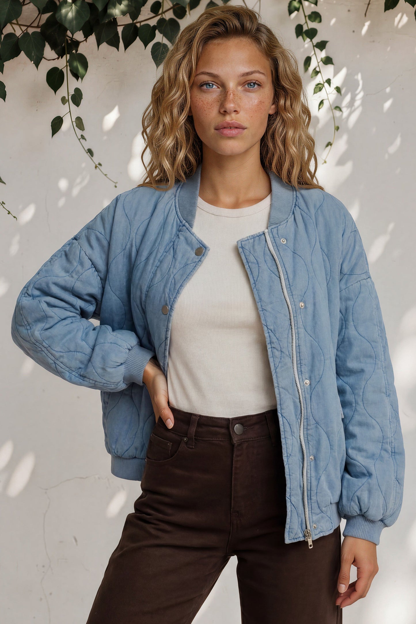 Brixton Jacket - Round Neck Quilted Bomber Jacket with Zipper & Snap Button Closure in Light Denim
