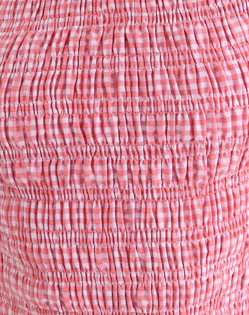 Deacon Shirred Top in Mini Gingham Peach