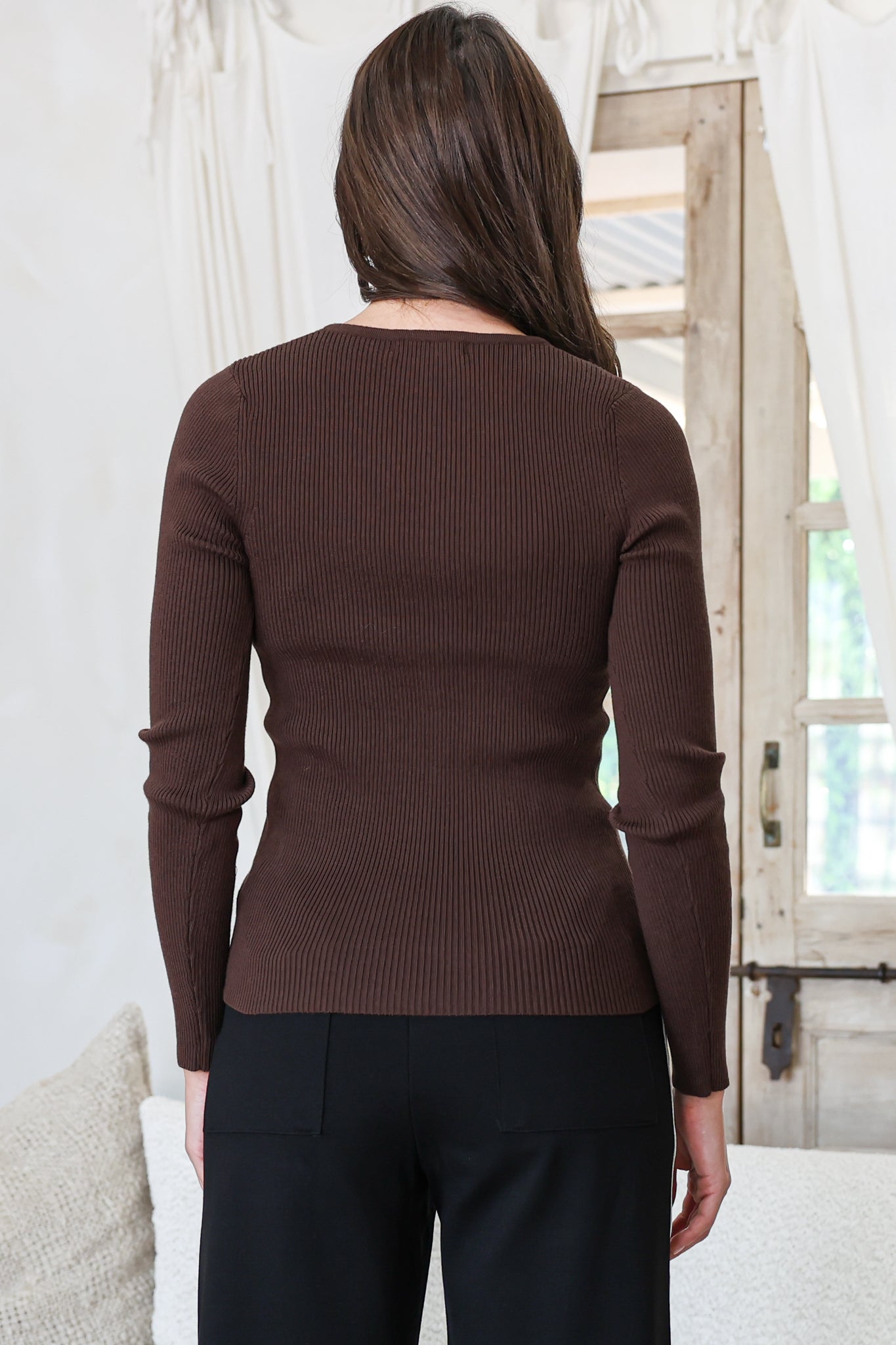 Tori Knit Top - Buttoned Down Long Sleeve Ribbed Knit in Chocolate