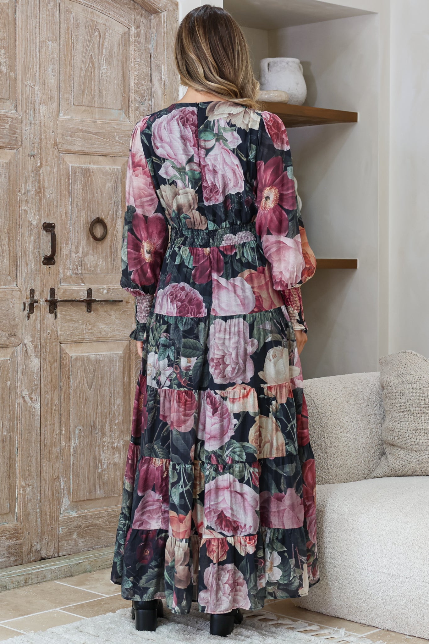 Trina Maxi Dress - Deep V Neck Tiered A-Line Dress with Balloon Sleeves in Annalisa Print