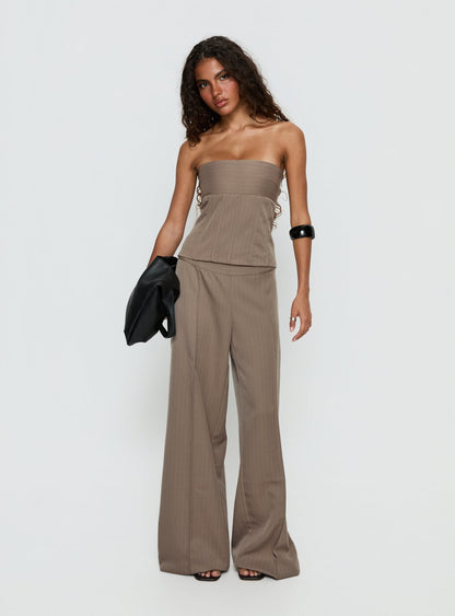 Madelle Strapless Tie Up Top Brown Pinstripe