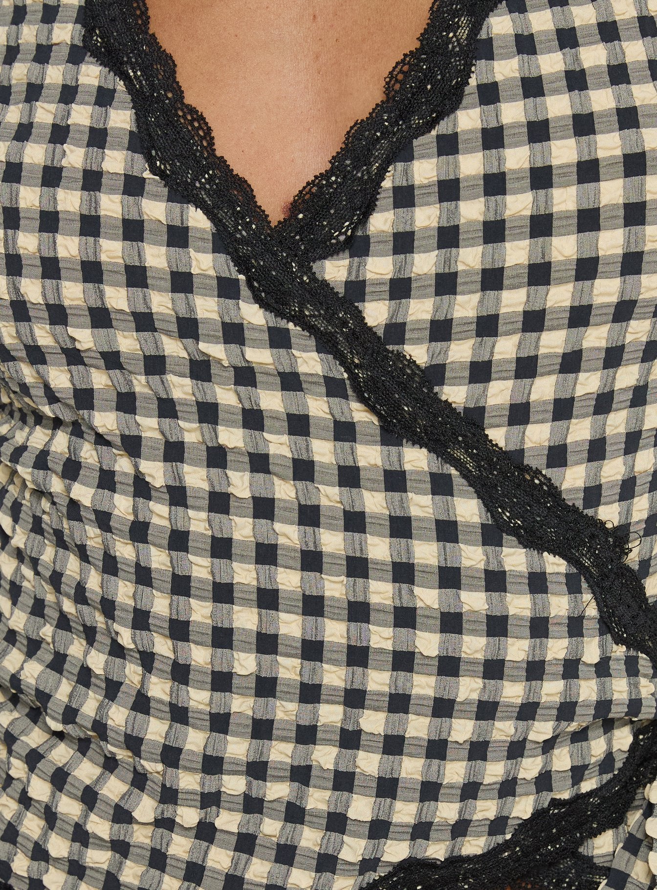 Meltwater Lace Trim Wrap Detail Top Black Check