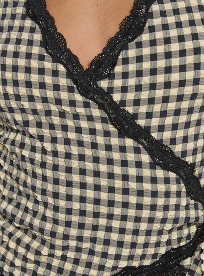 Meltwater Lace Trim Wrap Detail Top Black Check