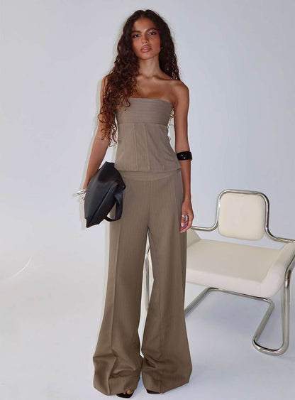 Madelle Strapless Tie Up Top Brown Pinstripe