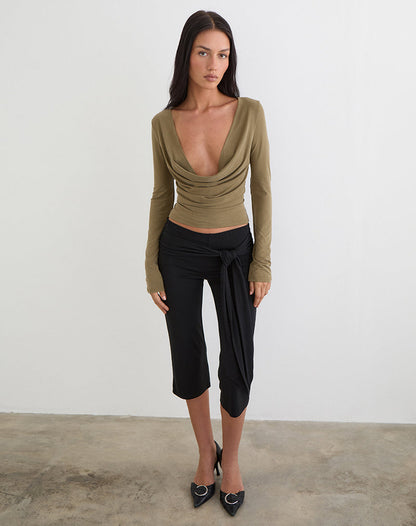Adaya Long Sleeve Cowl Top in Cupro Olive Stone