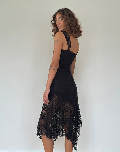 Adeliza Asymmetric Midi Dress in Floral Lace Jet Black