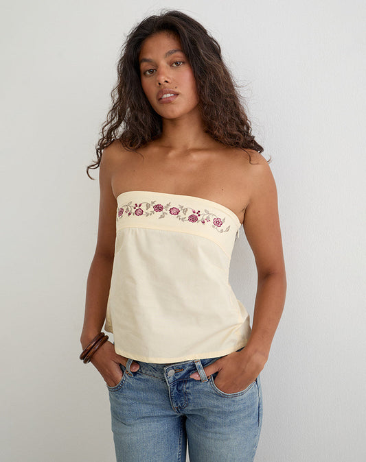 Ahera Top in Poplin Buttermilk with Cherry Blossom Embroidery