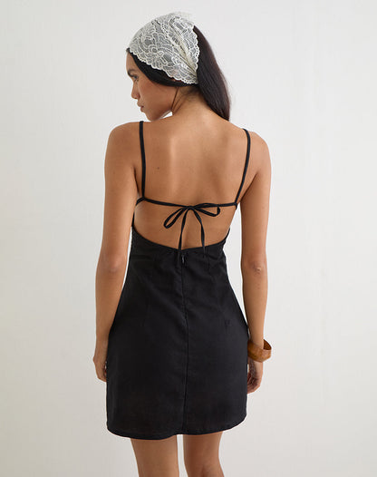 Ambra Scoop Mini Dress in Linen Black