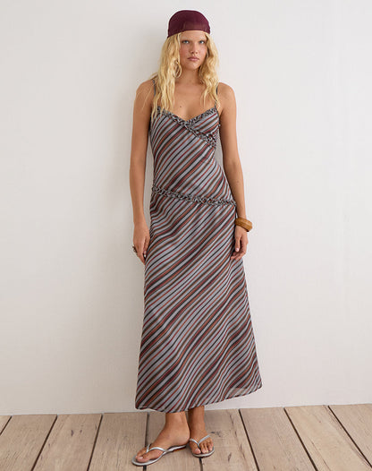 Angie Maxi Dress in Chiffon Grey and Maroon Diagonal Stripe