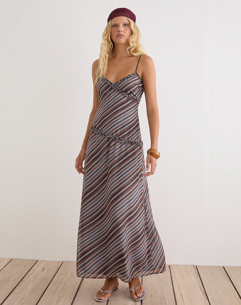Angie Maxi Dress in Chiffon Grey and Maroon Diagonal Stripe