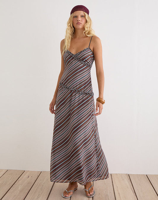 Angie Maxi Dress in Chiffon Grey and Maroon Diagonal Stripe