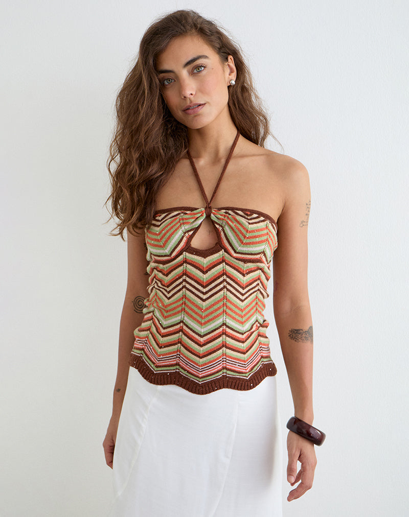 Anona Halter Top in Green Multi Stripe