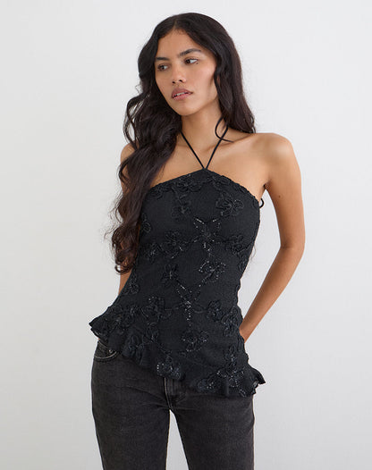 Argeila Halter Top in Sequin Knit Black