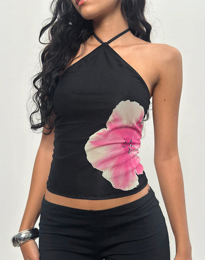 Arira Halterneck Top in Black with Pink Watercolour Flower