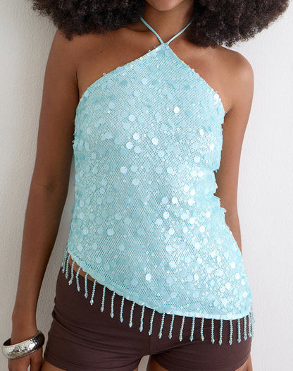 Arlela Top in Net Sequin Blue with Beaded Hem
