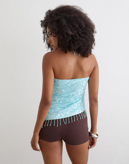 Arlela Top in Net Sequin Blue with Beaded Hem