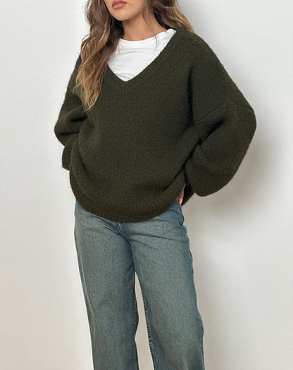 Asato Chunky V Neck Jumper in Brushed Khaki