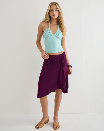 Athenia Ruched V Neck Top in Rayon Jersey Aqua