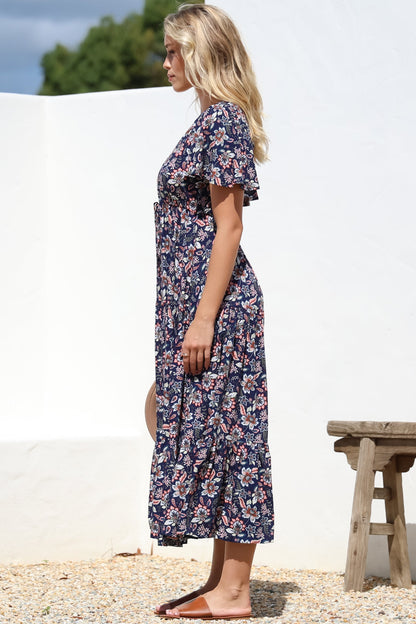 Adhira Maxi Dress - Buttoned Bodice A Line Dress With Flute Sleeves In Marla Print Navy