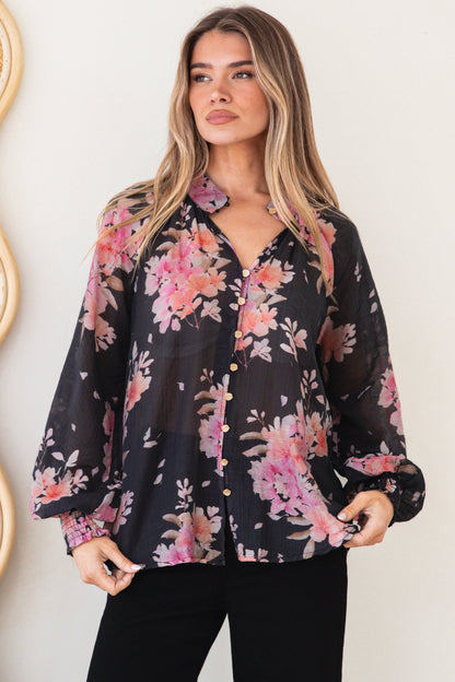 Adora Top - Mandarin Collar Button-Down with Long Balloon Sleeves in Odessa Print
