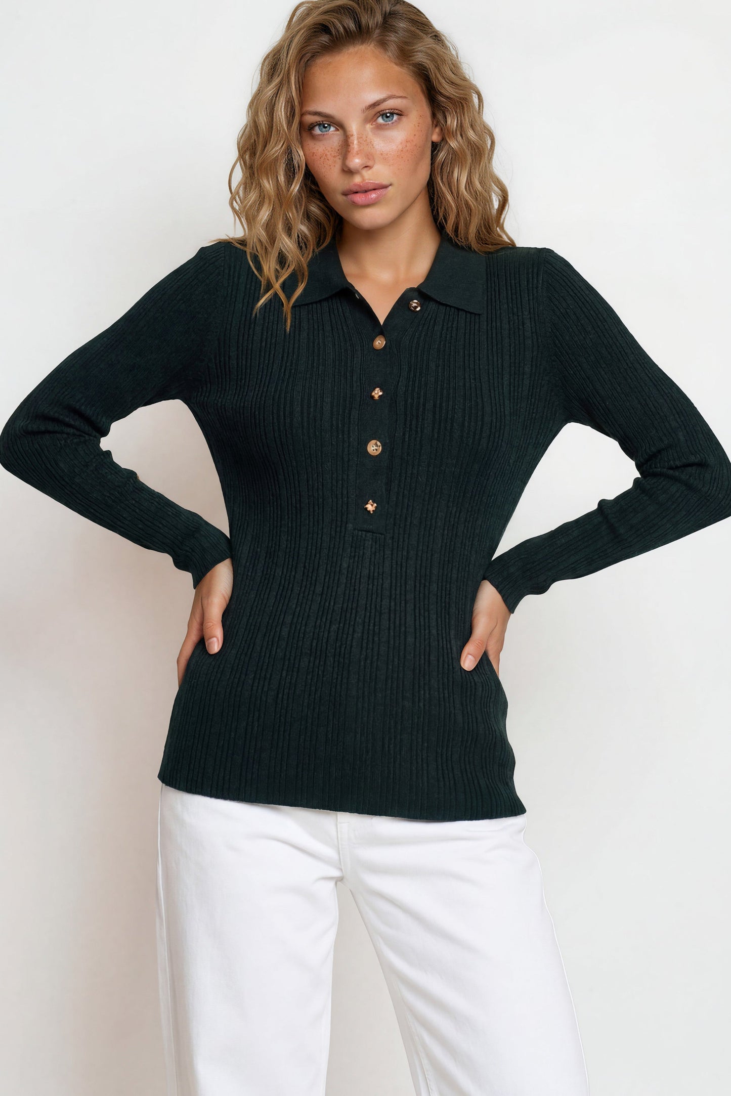 Alexander Knit Top - Ribbed with long fitted Sleeves in Dark Green