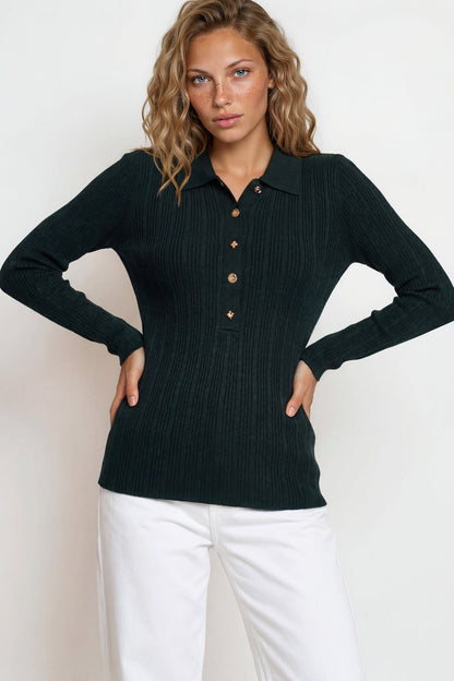 Alexander Knit Top - Ribbed with long fitted Sleeves in Dark Green