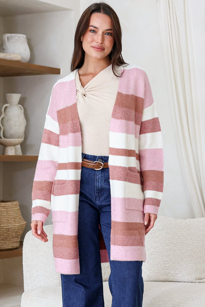 Alfie Cardigan - Open Stripe Knit with Pockets and Rib Knit Trim in Pink