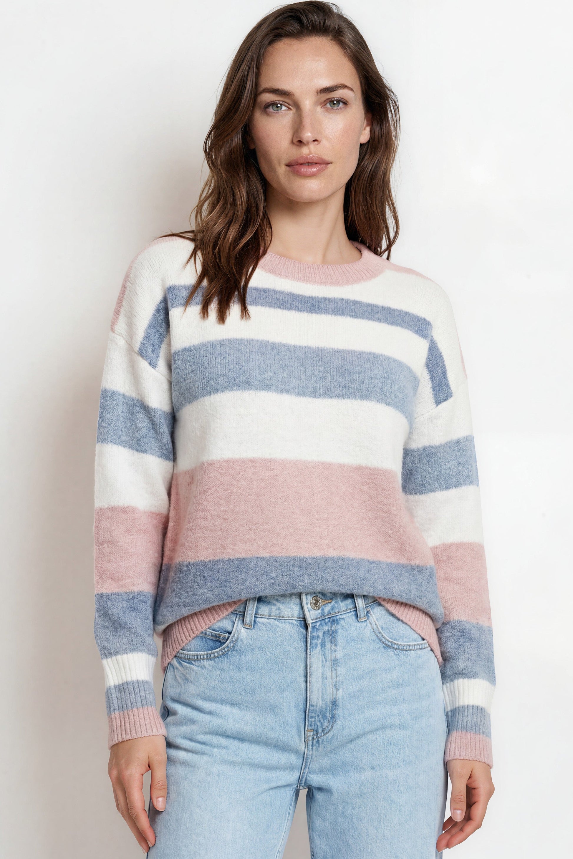 Alfie Jumper - Crew Neck Stripe Knit with Ribbed Hemlines in Blue