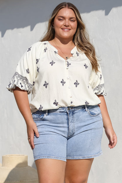 Alicia Top - Mandarin Collar Buttoned-Down Top in Sahara Print Navy