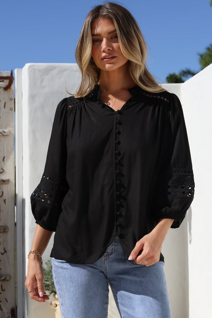 Alyce Shirt - Mandarin Collar Cut Out Detailed Sleeve Button Down in Black