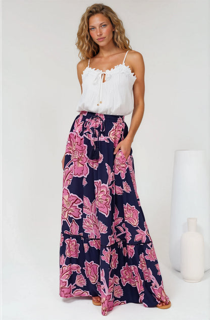 Amana Maxi Skirt - Tiered Skirt with Ladder Lace Insert Splicing in Kalia Print Navy