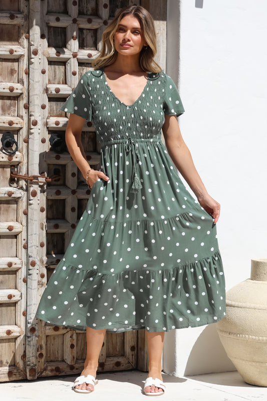 Amaya Midi Dress - Shirred Cap Sleeve A Line Dress in Parisian Polka Khaki