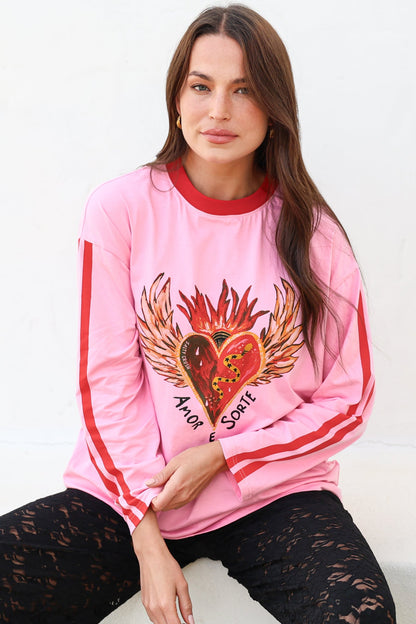 Amor E Sorte Long Sleeve Tee - Crew Neck Contrast Sport Stripe Graphic T-Shirt in Pink