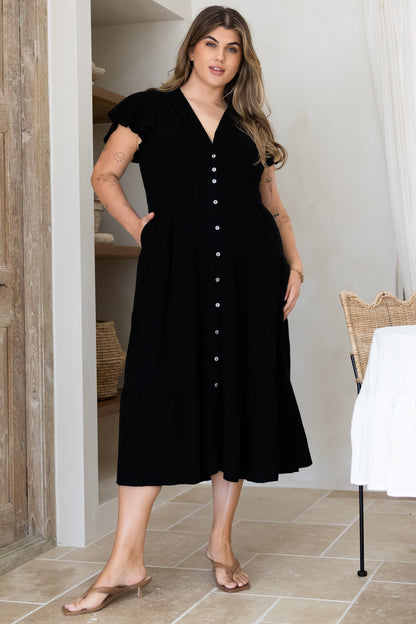 Amy Midi Dress - Flutter Cap Sleeve Buttoned Down V Neck Dress in Black