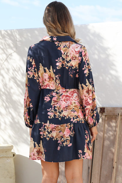Anora Mini Dress - Collared Long Sleeve Dress with Pull Tie Waist in Vela Print Navy