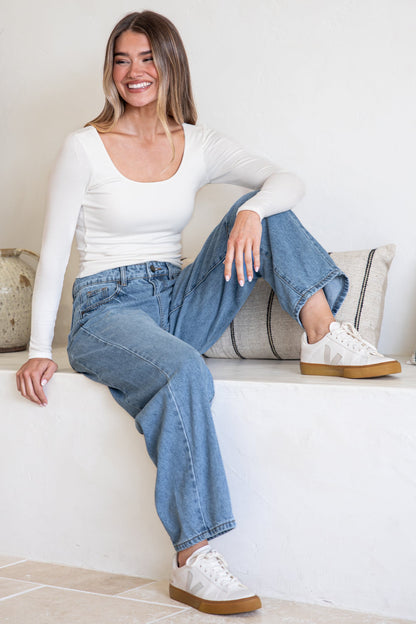 Antoni Barrel Jeans - Mid Rise Whisker Stripe Jeans in Light Denim Wash