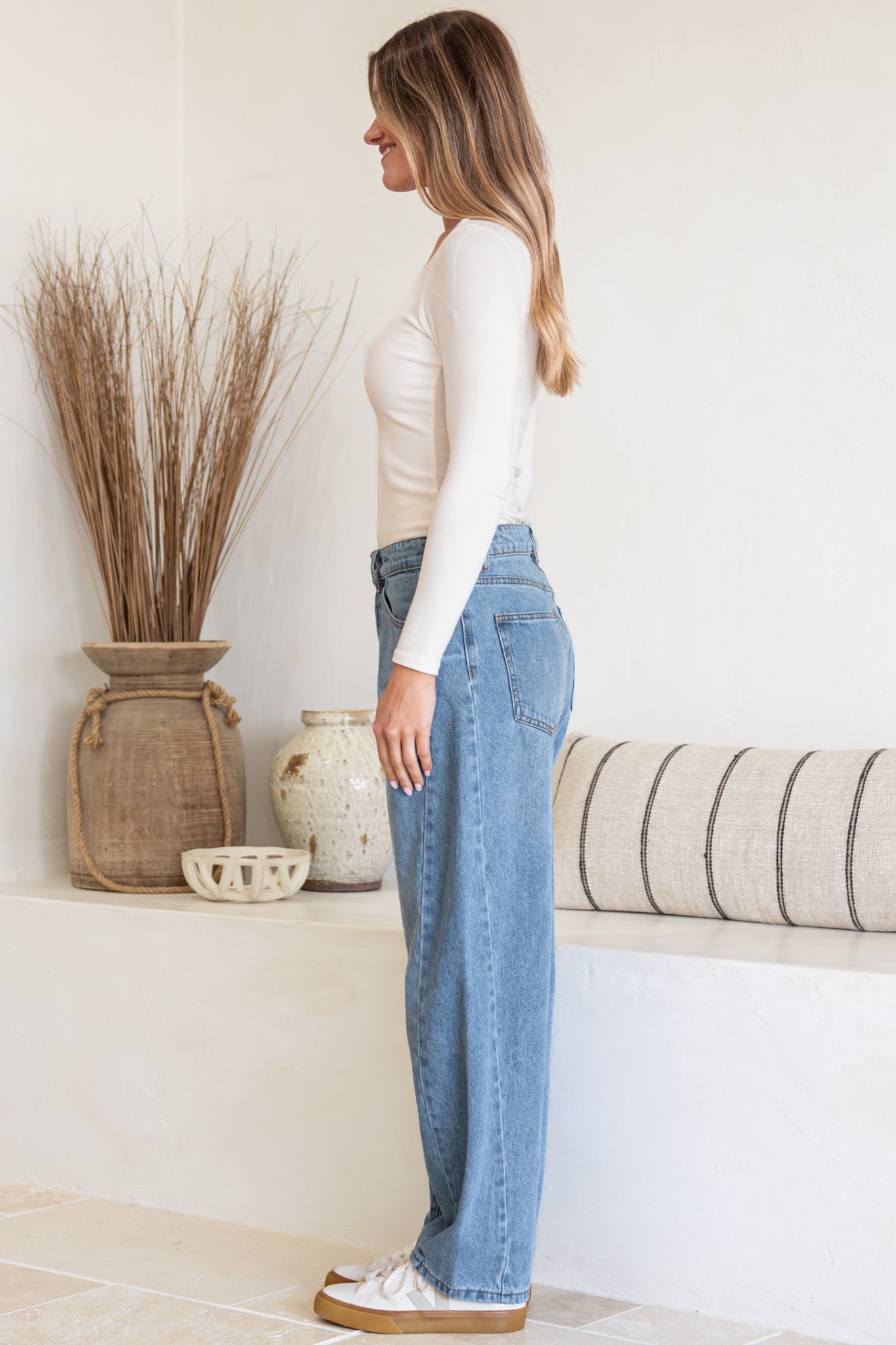 Antoni Barrel Jeans - Mid Rise Whisker Stripe Jeans in Light Denim Wash