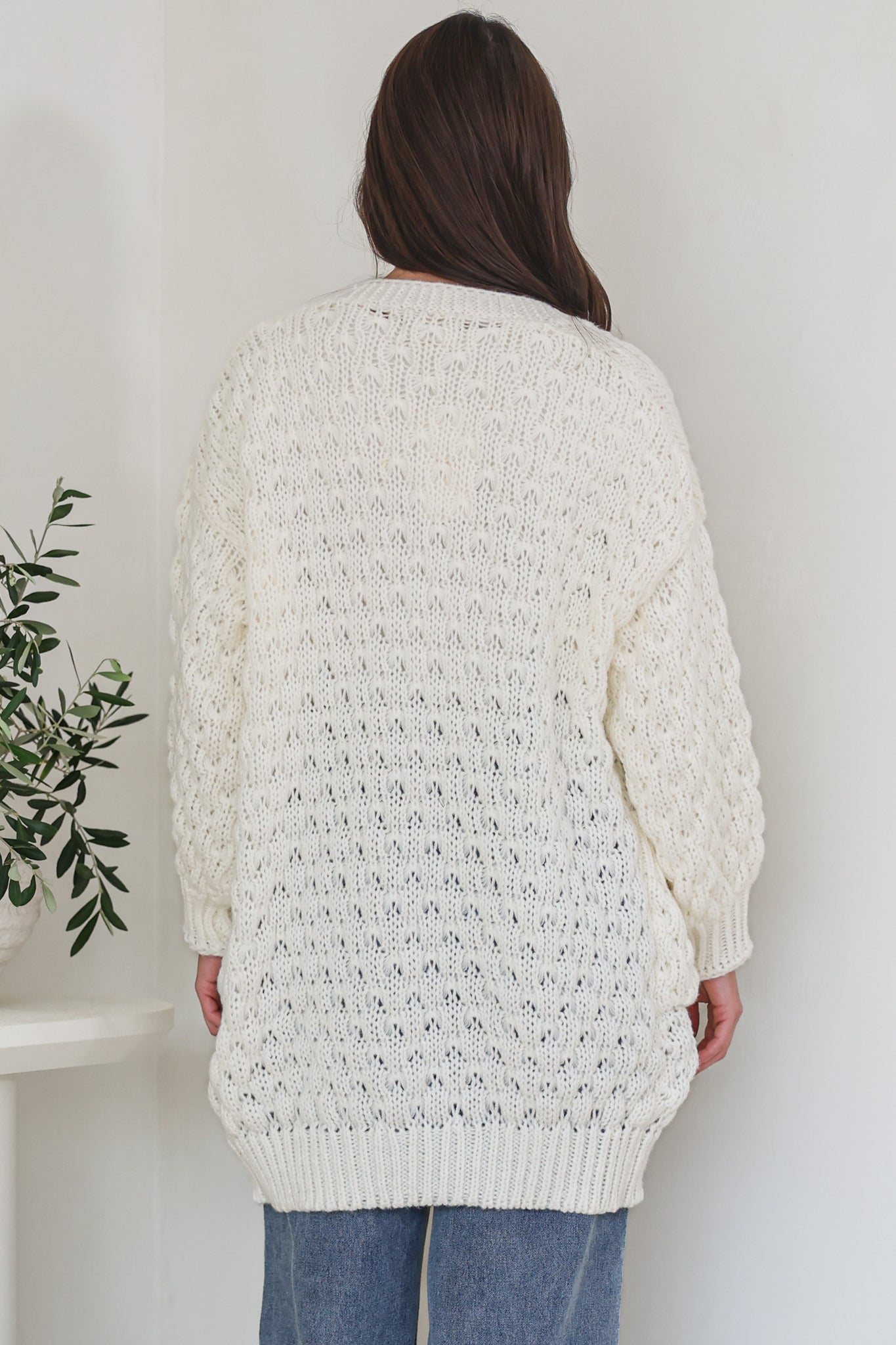 Attlee Cardigan - Chunky Open Cable Knit with Pockets and Rib Knit Trim in Cream