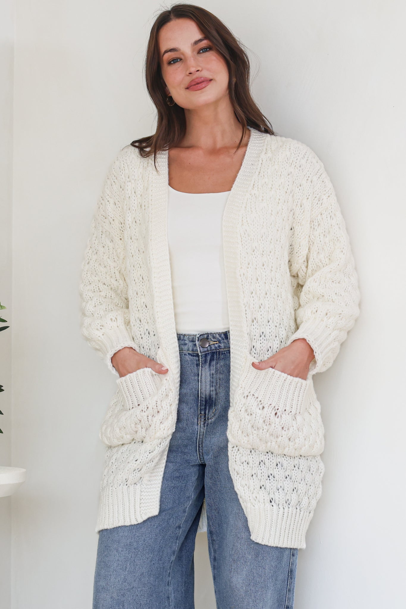 Attlee Cardigan - Chunky Open Cable Knit with Pockets and Rib Knit Trim in Cream