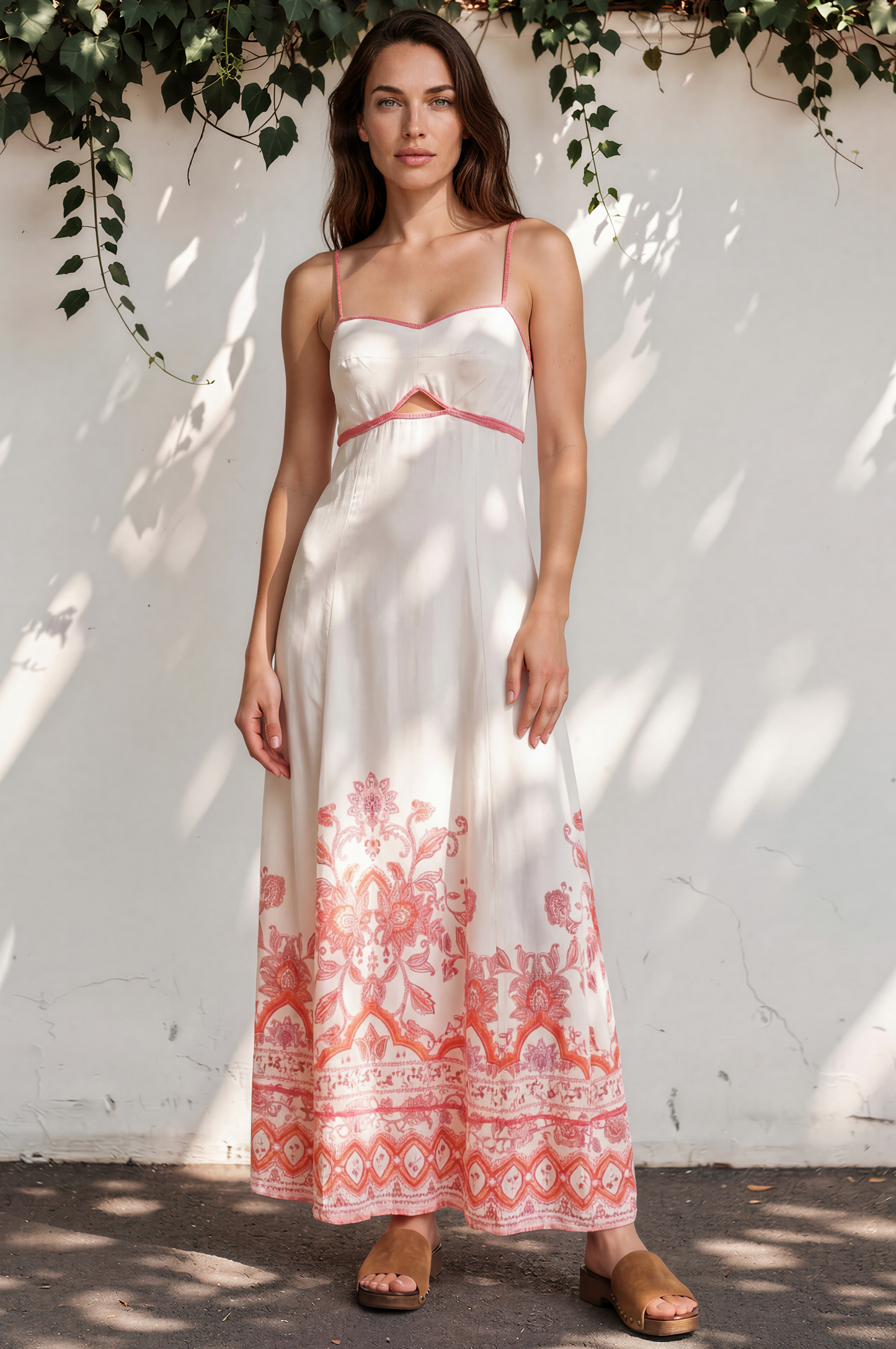 Aviva Maxi Dress - Spaghetti Strap A-Line Cut Out Detail Dress in Tawny Print