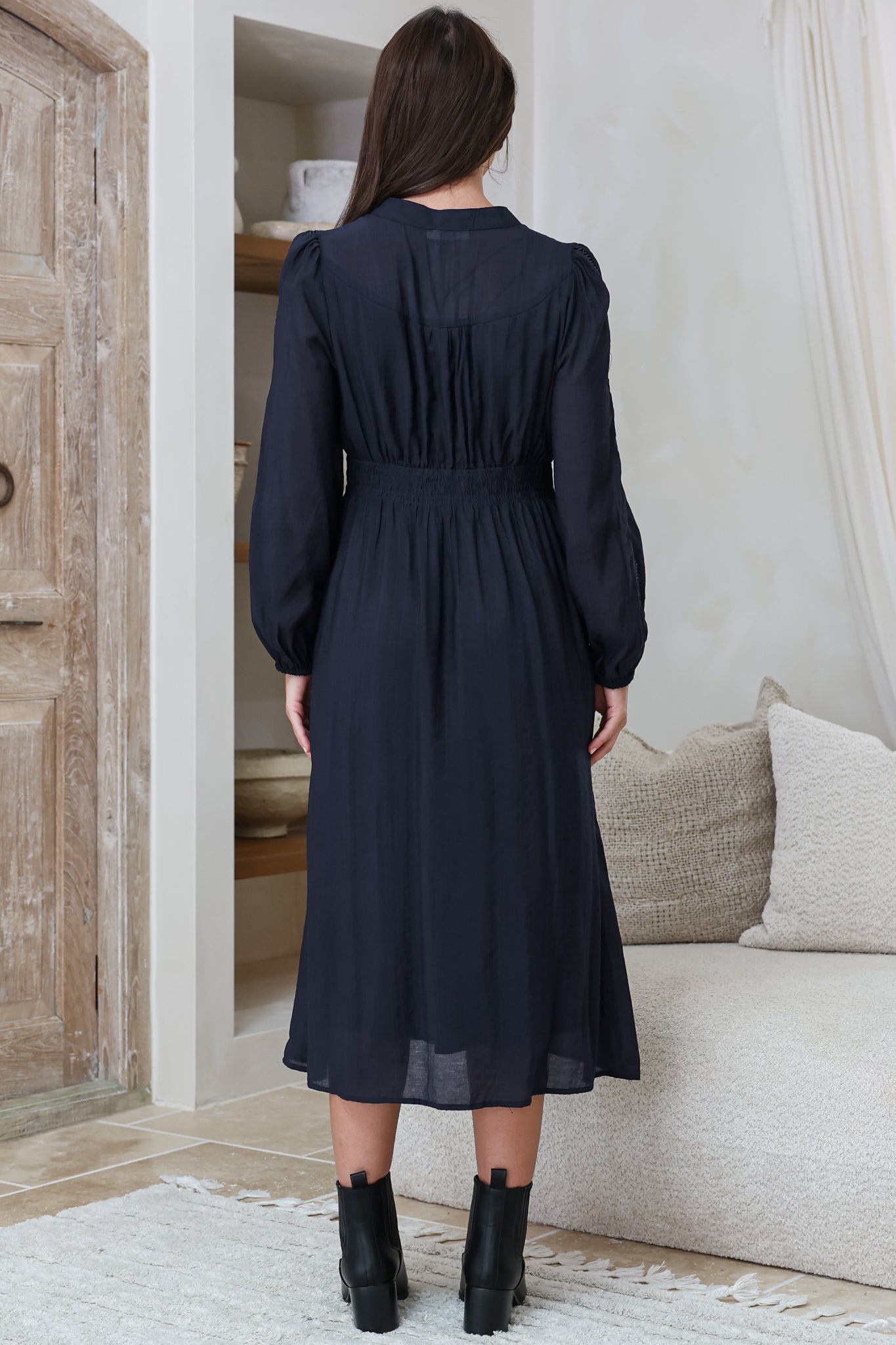 Aylon Midi Dress - Delicately Detailed Mandarin Collar Dress with Long Sleeves in Navy