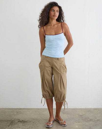Barlyn Cami Top in Lace Turquoise with Burgundy Binding