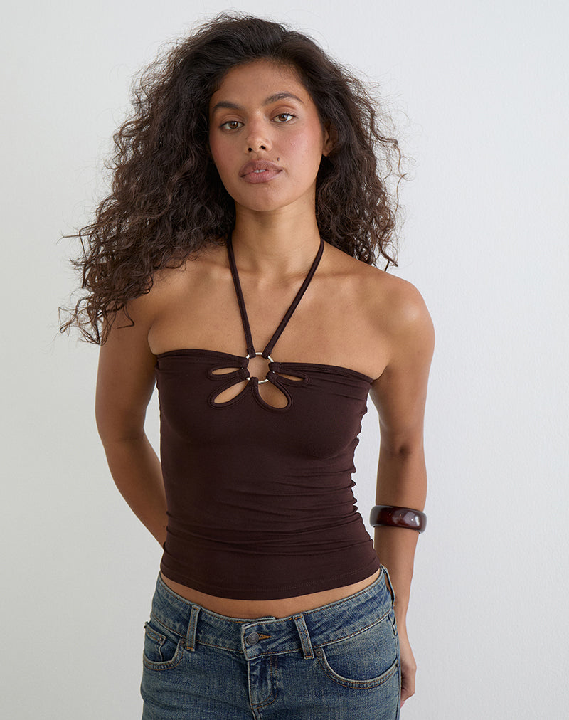 Baya Halterneck Top with Flower Ring in Bitter Chocolate