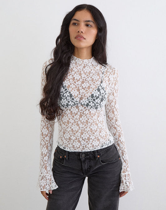 Beerus Long Sleeve Mock Neck Top in Lace Ivory