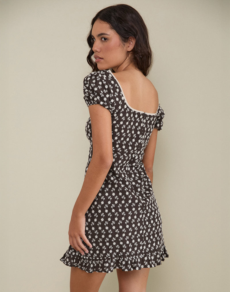 Bella Mini Tea Dress in Floral Broderie Brown