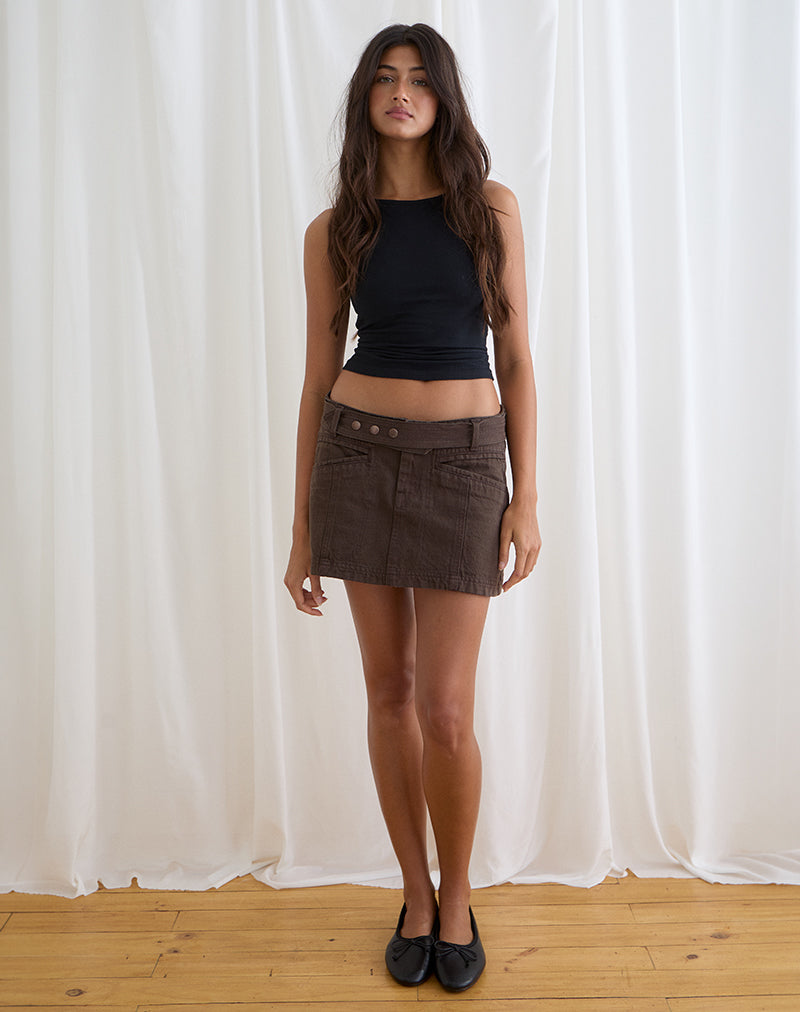 Belted Denim Mini Skirt in Chocolate Brown