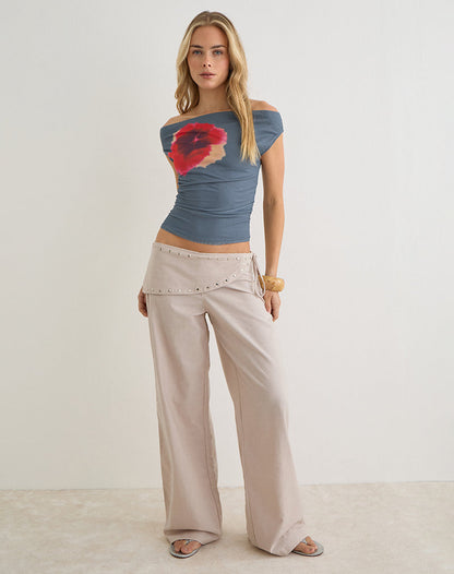 Doka Trouser in Stone Linen with Studs Trim