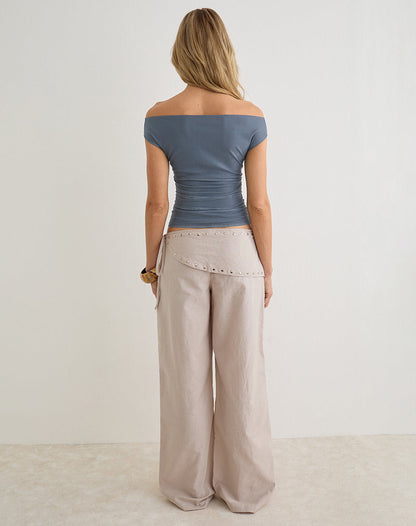 Doka Trouser in Stone Linen with Studs Trim