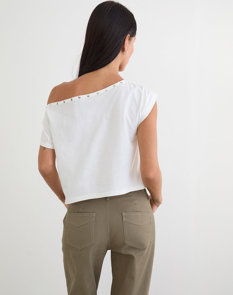 Bizzy Top with Studded Neckline in Off White