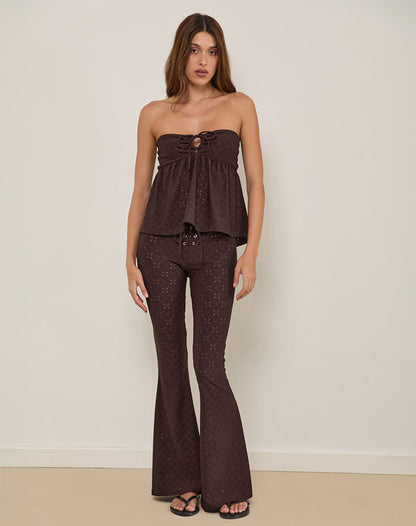 Dan Tie Front Flared Trousers in Broderie Brown